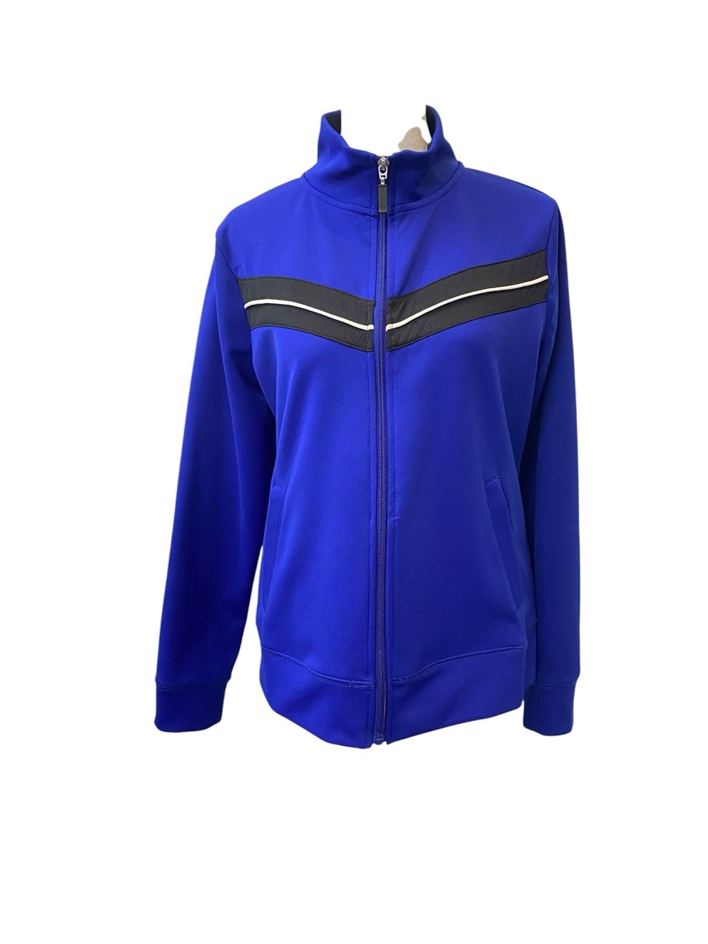 Kim Rogers Women's size M Petite Blue Track Jacket full zip pockets front stripe